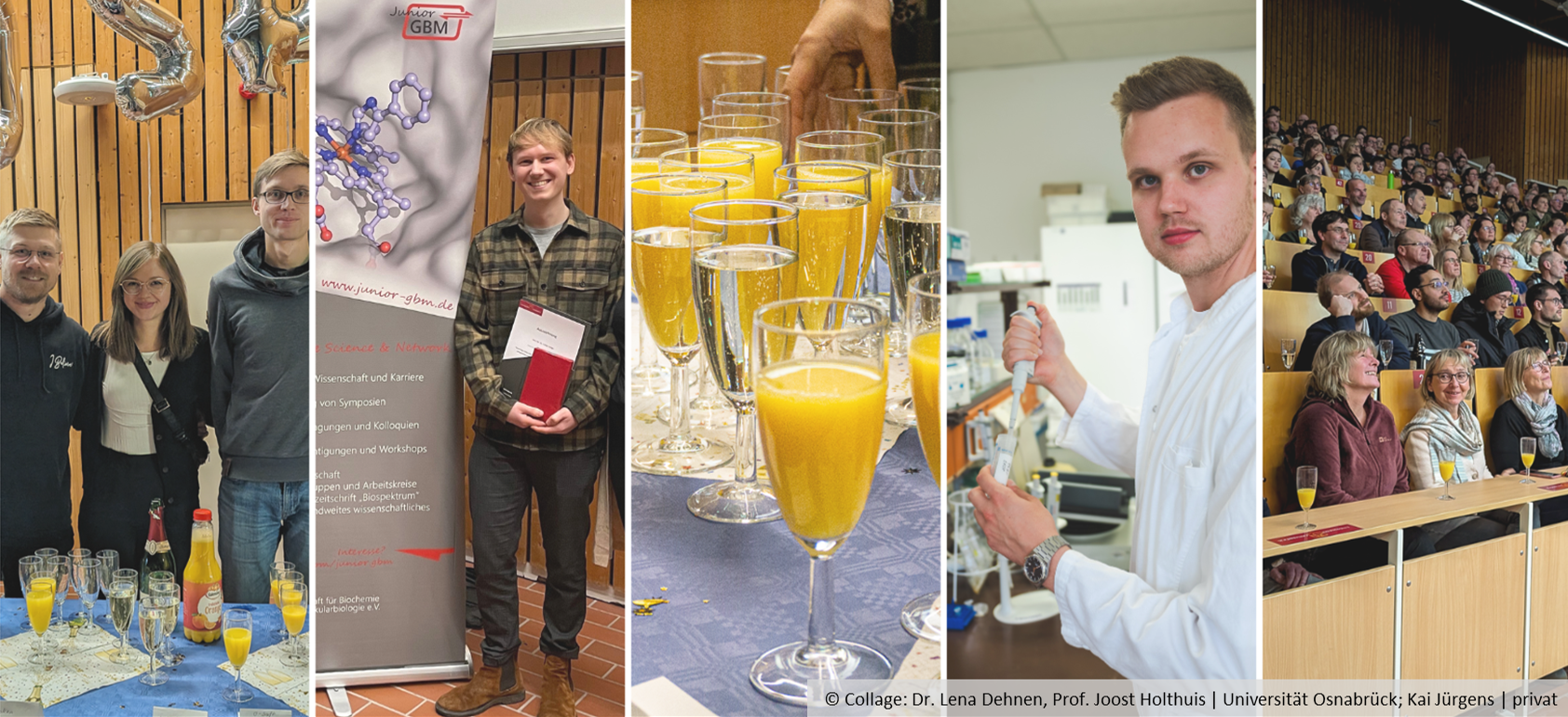 A collage showing smiling people behind a table, a smiling man with a document in his hands, glasses with sparkling wine and orange juice, a man working in a laboratory and people sitting in a lecture hall.