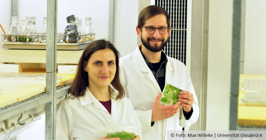 Zwei Personen in Laborkitteln halten Kästen mit kleinen Pflanzen darin und lächeln in die Kamera.